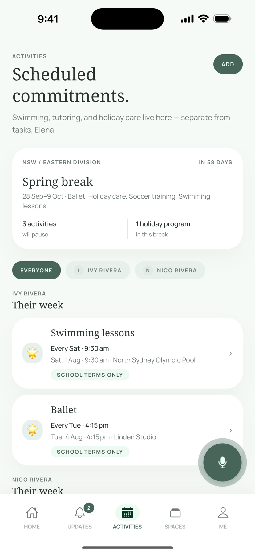Oria Activities screen showing school-term routines and an upcoming school holiday.