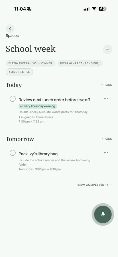 Oria shared space screen showing school week tasks and members.